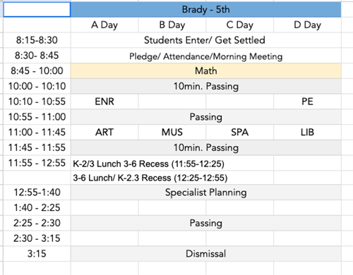 Ms. Brady's Schedule